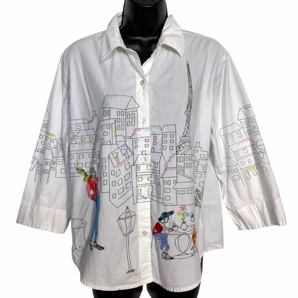 VTG 90s Life Style Paris Skyline Embroidered Button Down Shirt L White Eiffel